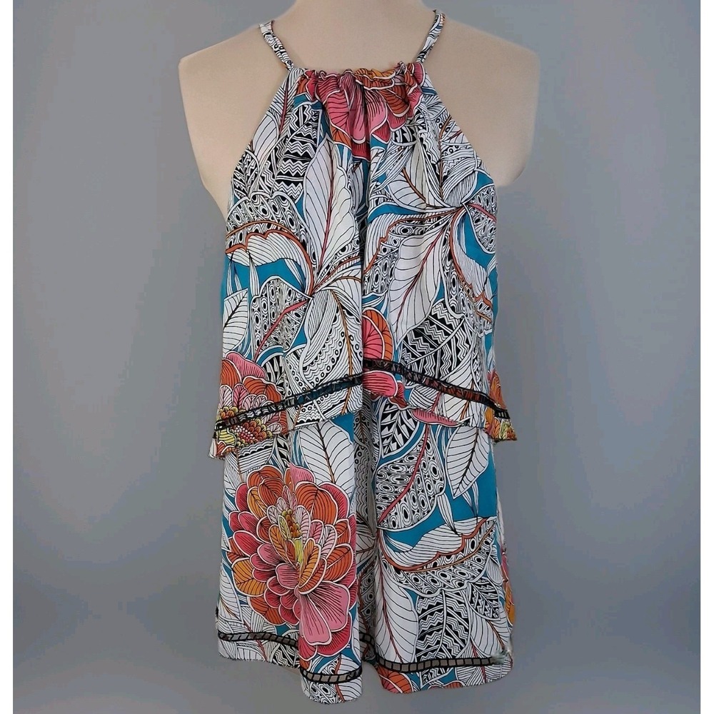 Trina Turk Womens Silk Floral‎ Layered Crochet  Halter Top Feminine Maximalist